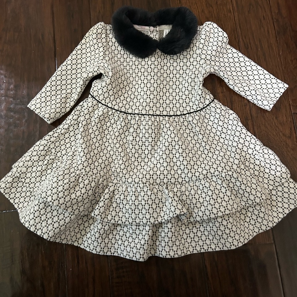 Janie and Jack Holiday Dress 12-18 Months  Faux Fur Collared Black White Tweed